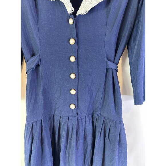 Vintage 80s Lace Trim Collar Puff Sleeve Button Dress USA Grunge Cottag - Picture 7 of 8